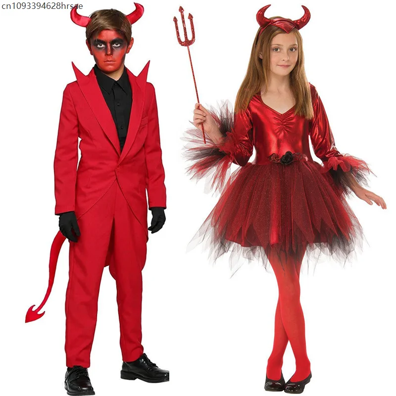 

Children Red Demon Devil Evil Jacket Pants Dress Halloween Cosplay Costumes Boys Girls Party Role Playing Dress Up Outfit