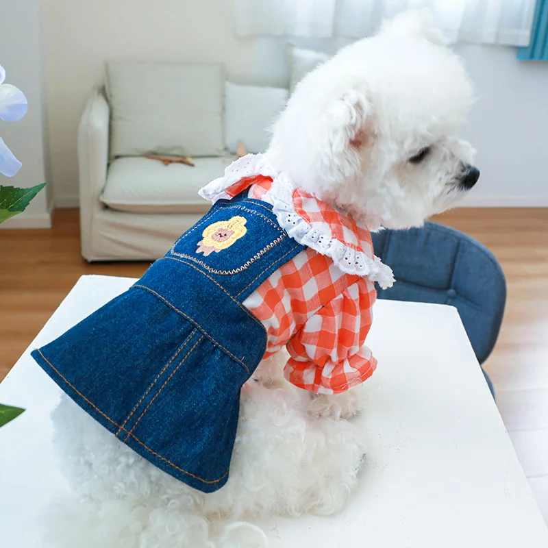 1PC Pet Apparel Dog Spring and Autumn Slim Fit Orange Plaid Lace Shirt Denim Strap Princess Dress For Small Medium Dogs