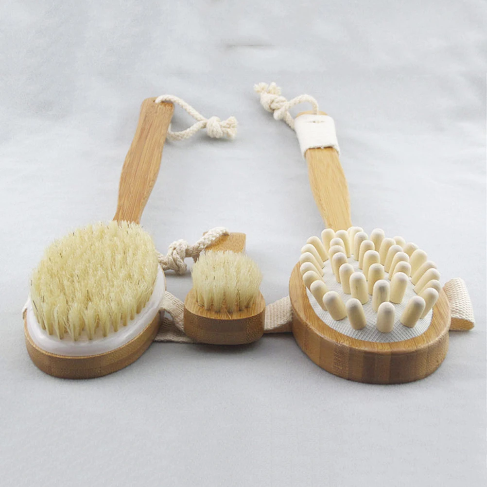 

4 Pcs Bath Set Body Brush Dual Purpose Long Handle for Shower Bamboo Bristle Back Spa Scrubber