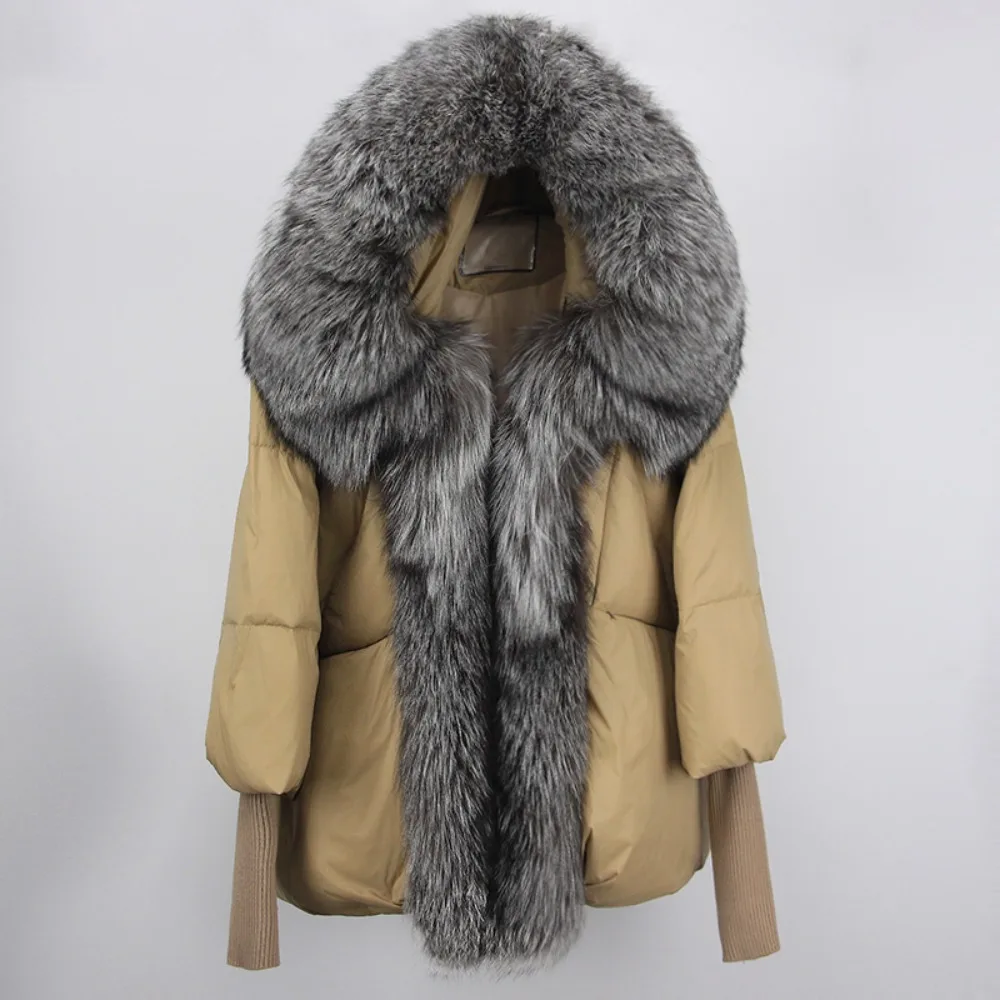 Women New Loose Real Fox Fur Collar Hooded Natural Oversize Puffer Jacket Thick Warm Streetwear Outerwear Duck Down Coat Winter