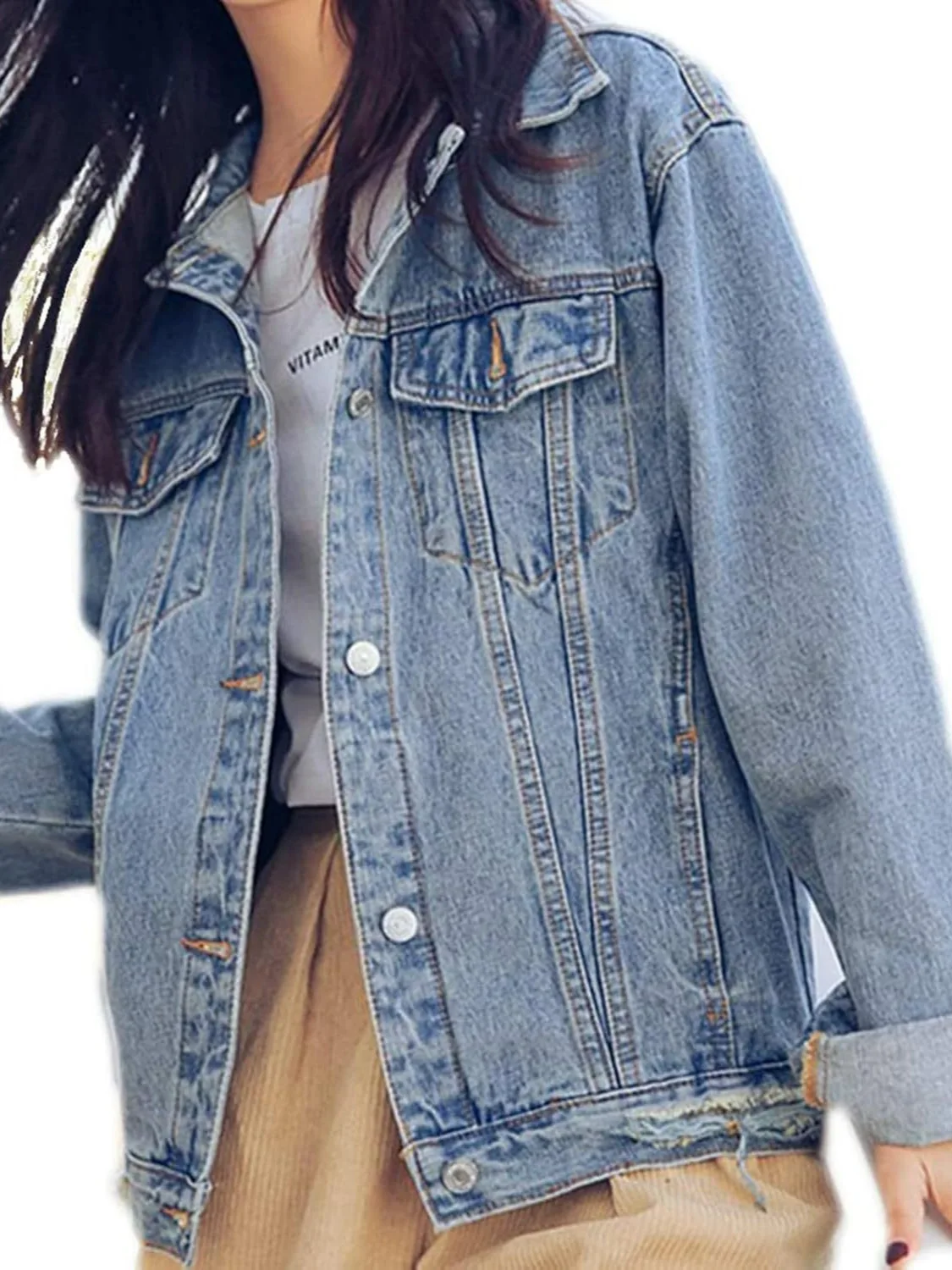 แจ็คเก็ตยีนส์ทรงบอยเฟรนด์แบบโอเวอร์ไซส์ สไตล์ดิสเทรส สำหรับผู้หญิงและเด็กผู้หญิง เสื้อโค้ทยีนส์ทรงทรัคเกอร์