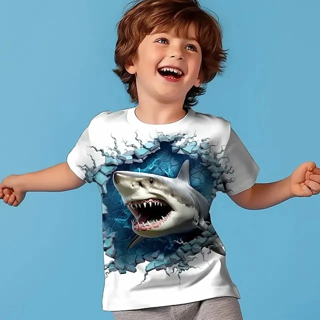 男の子用の3Dサメ柄Tシャツ,半袖,スポーツファッション,ポリエステル,ラウンドネック,カジュアル,毎日,子供,大人,夏