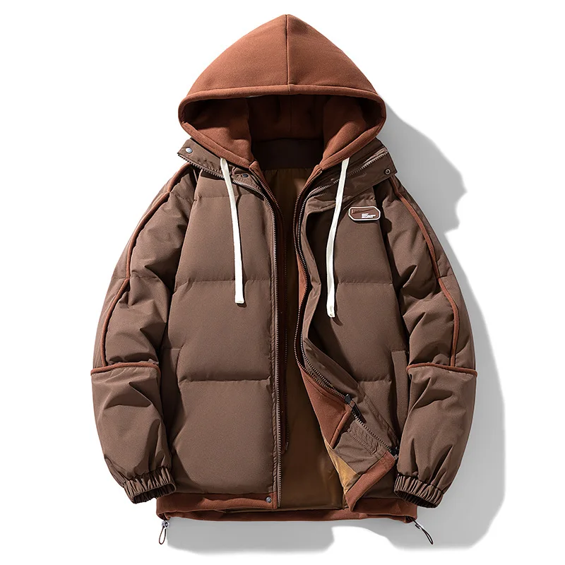 Nuevo modelo de chaqueta gruesa acolchada de algodón para mujer, conjunto de dos piezas falso para mantener el calor con capucha, top liso elegante a la moda