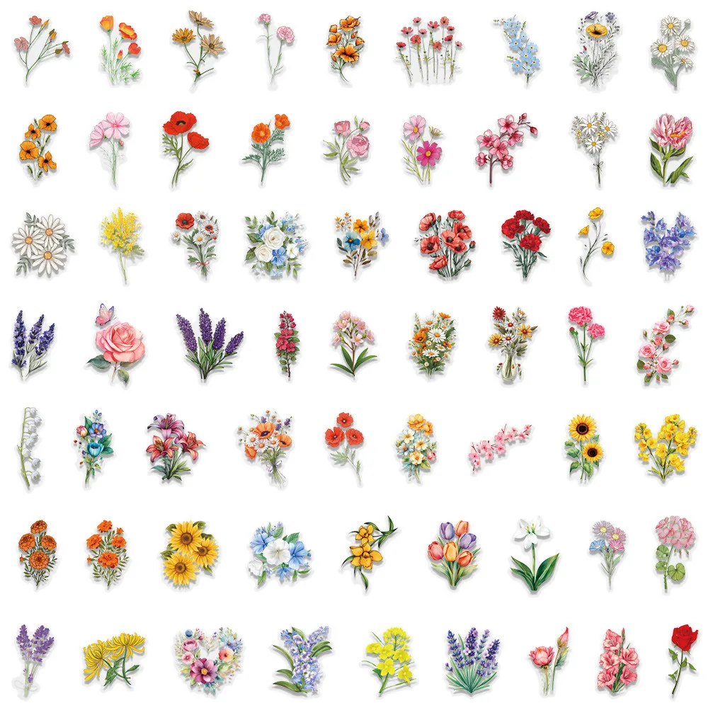 60PCS Ink Wash Flower Sticker Pack Waterproof Transparent PET Journal Flower Materials Decor Stickers RecordingYourLife Store image 3