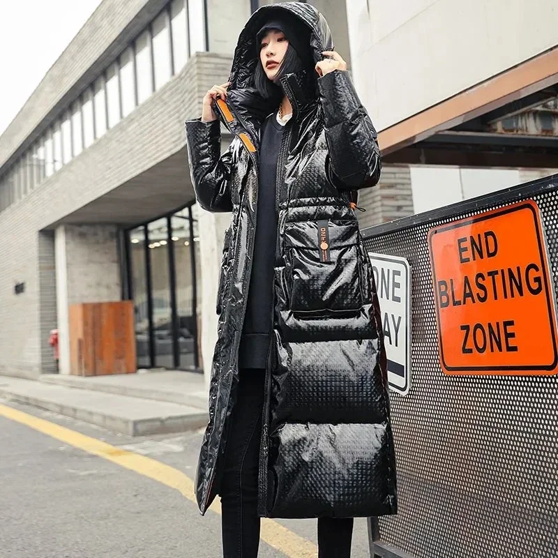 Parkas largas gruesas para mujer, abrigo de plumรณn de pato blanco brillante, chaqueta con capucha, Parkas largas a prueba de viento y lluvia,