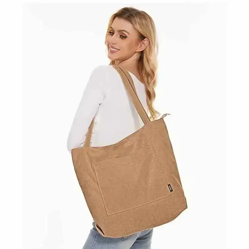 SPR18 Bolsa tote feminina de veludo cotelê Bolsa grande de ombro com bolso com zíper