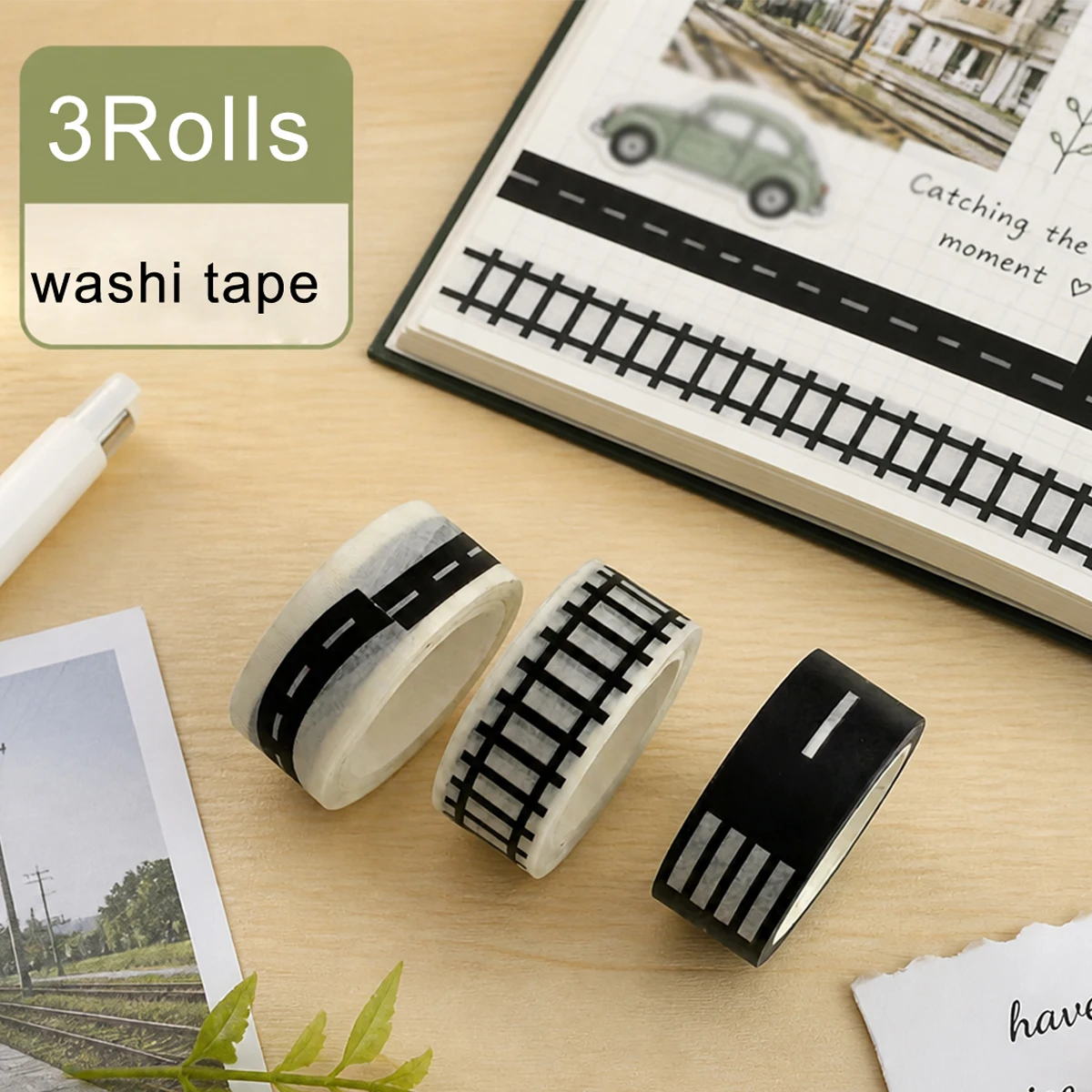 3Rolls Road Track Tape Washi Tape for Birthday Race Car Party Decor Adheres to Flat Surfaces Residue Free