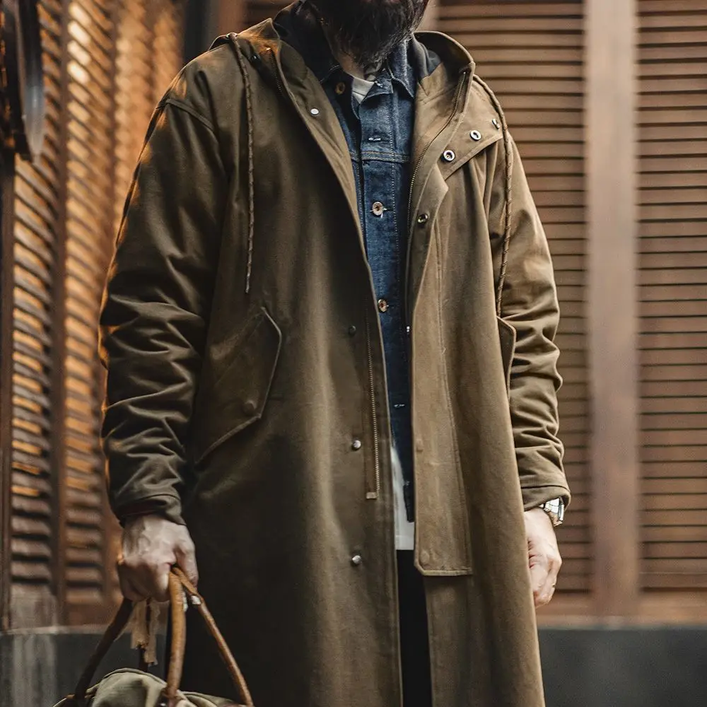 Maden M51 Vintage Cotton Fishtail Parka Hooded Military Jacket Heavyweight Pocket Workwear Overcoat Mid-Long Loose Fit All-Match