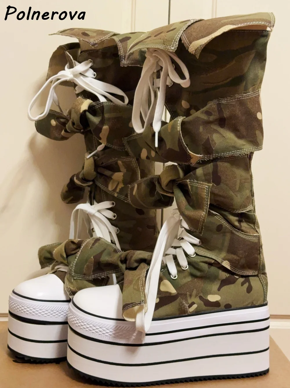 Camouflage Butterfly Knot Boots Round Toe Thick Soled Canvas Cross Tied Lace Up Shoes Women Patchwork Fashion Pleated Bows Shoes