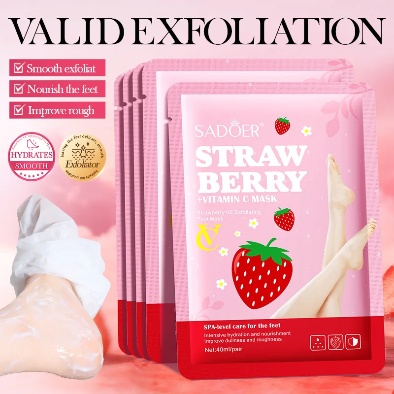 5 Paar SADOER Erdbeer-Fußmaske, feuchtigkeitsspendend, aufhellende Fußpeeling-Maske, Peeling für Füße, Spa, Pediküre, Peeling, Hautpflege