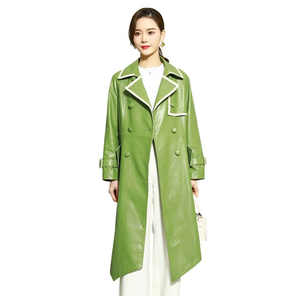 2025 New Spring Autumn Genuine Leather Jacket Women Long Sheepskin Trench Coat Slim Fit Outerwear