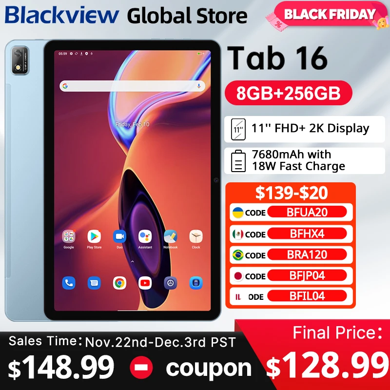 【العرض الأول في العالم】كمبيوتر لوحي Blackview Tab 16 Android 8GB+256GB 11''2k FHD+ شاشة 7680 مللي أمبير في الساعة بطارية Widevine L1 Unisoc T616 كمبيوتر لوحي