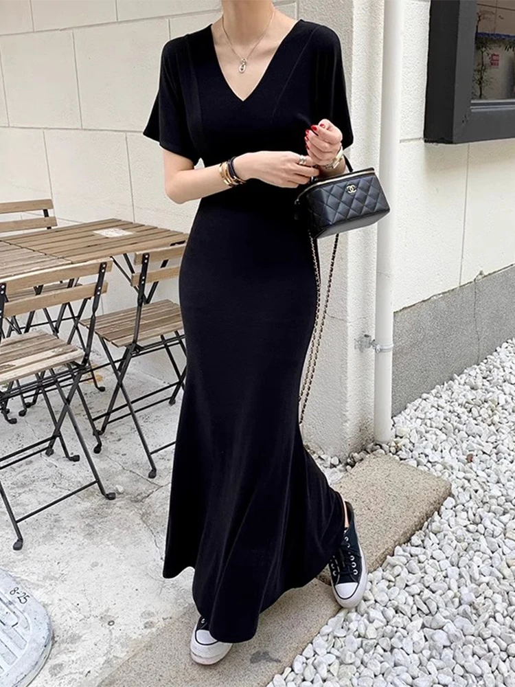 New French Temperament V-neck Vestidos Slim Over The Knee Long Short-sleeved Robe 2024 Summer Korean Chic Fishtail Dress Female