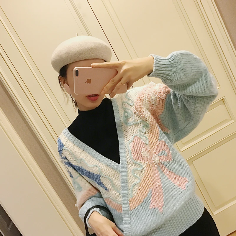 

VIMAS Retro Handmade Beaded Long Sve V-Ne Knitwear Women's Faion Ele Commute Sle Loose Fit Regular Length