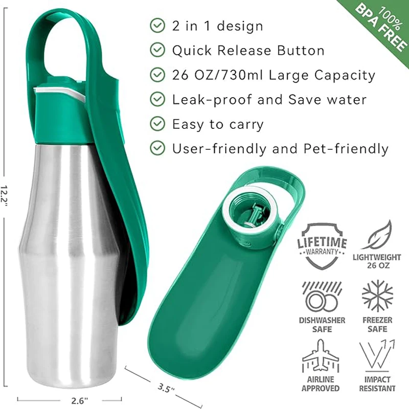 Portable Pet Water Bottle, Stainless Steel Dispenser, Leak-proof, Dogs, Outdoor