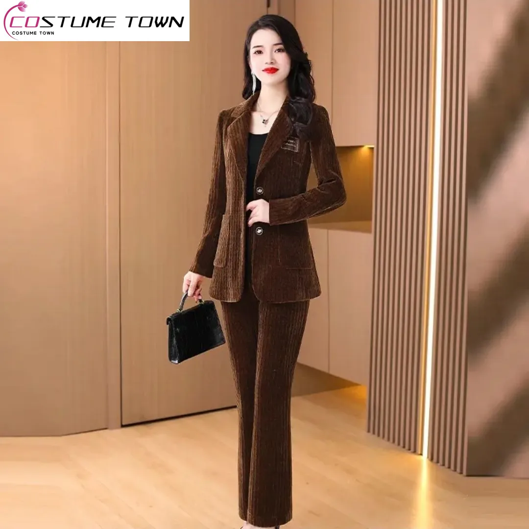 

Spring 2023 New Corduroy Elegant Women's Set Casual Jacket Blazer Wide Leg Pants Two Piece Office Manager Outfits