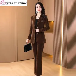 Spring 2023 New Corduroy Elegant Women's Set Casual Jacket Blazer Wide Leg Pants Two Piece Office Manager Outfits