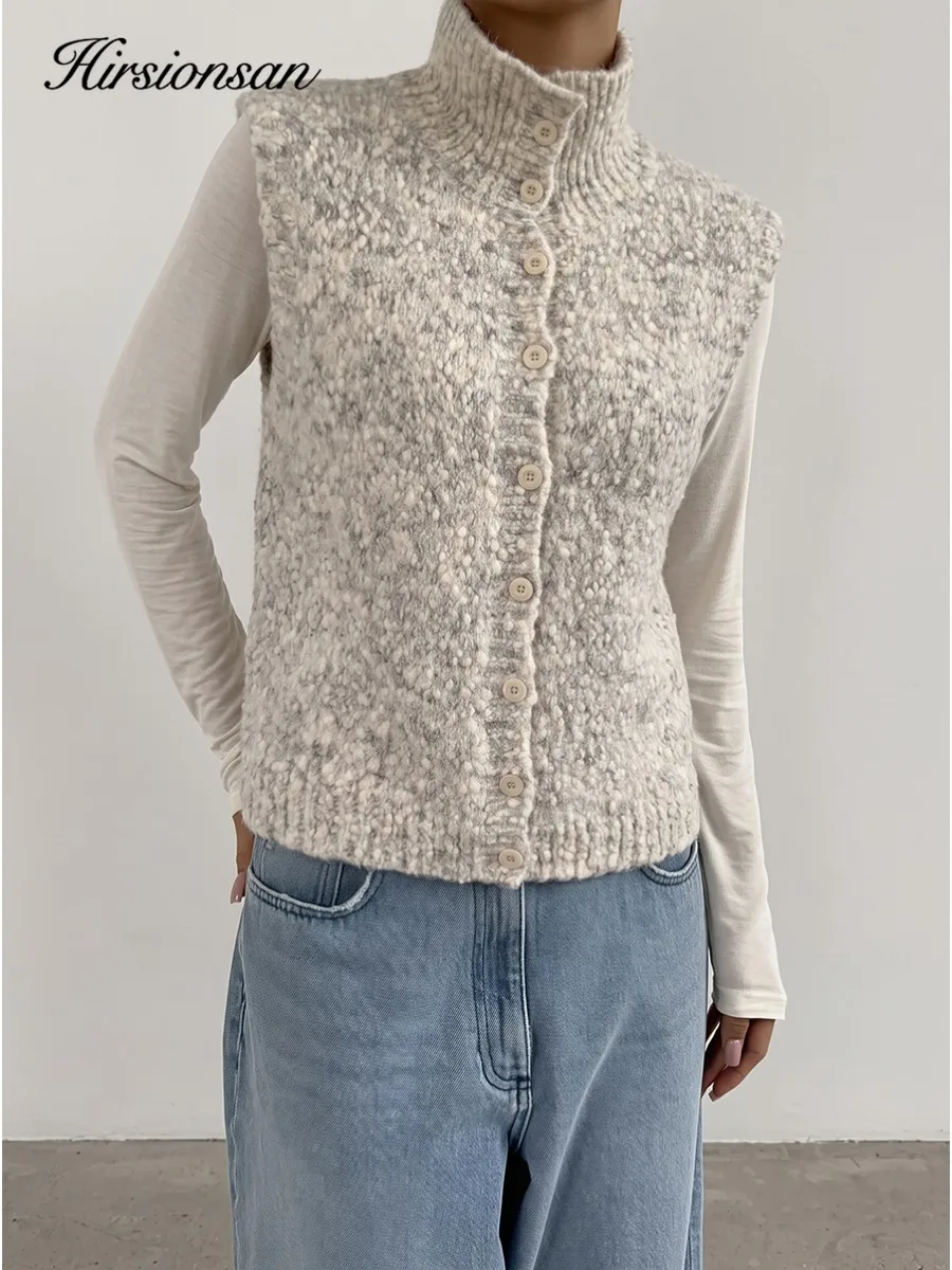 Hirsionsan Women High Neck Knit Vest Sleeveless Button Down Cardigan Gilet Melange Yarn Casual Autumn Winter Sweater Waistcoat