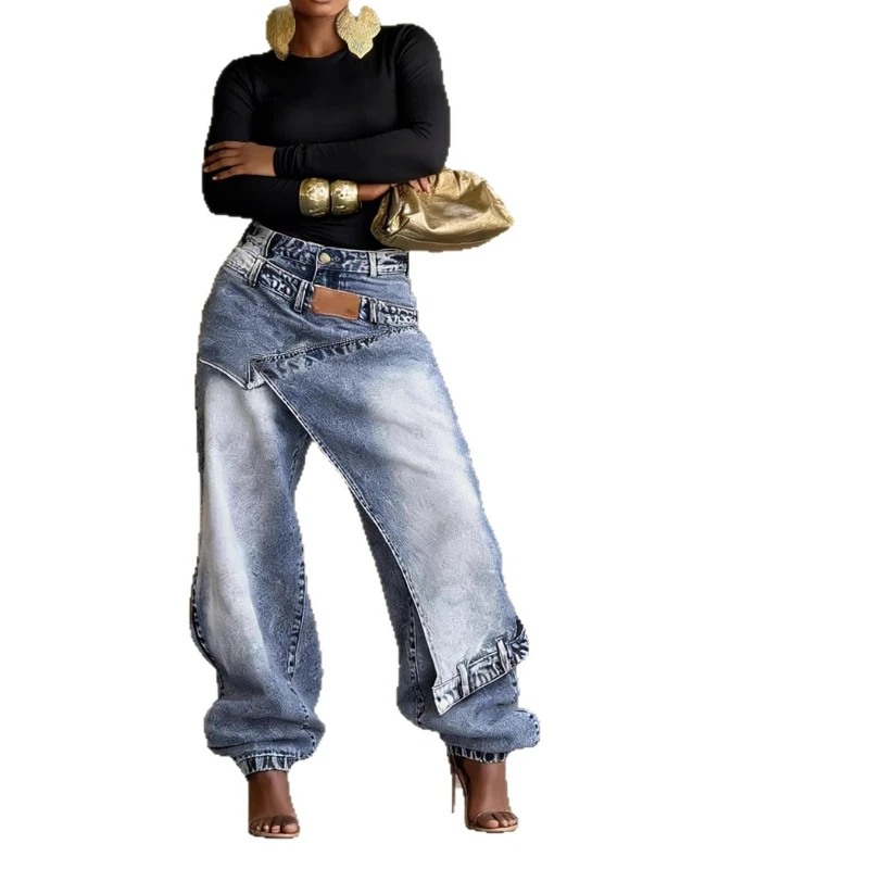 

2026 New Design Sense Deconstruction and Overlay Washed Jeans