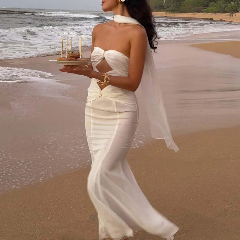 Beachwear Solid Lace-up Slim Boho Long Dress Ladies Sexy Strapless Hollow Out Party Dress 2025 Spring Summer Backless Maxi Dress