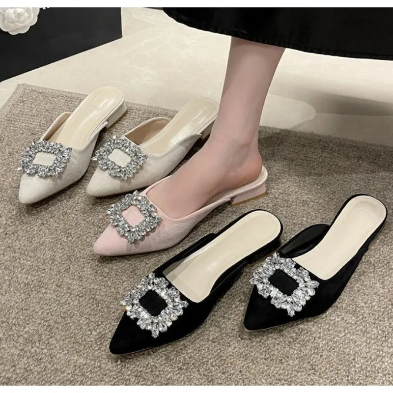 Designer New Spring Autumn Metal Decoration Crystal Slippers Women  Pointed Toe Stripper High Heels Party Prom Lady Shoes