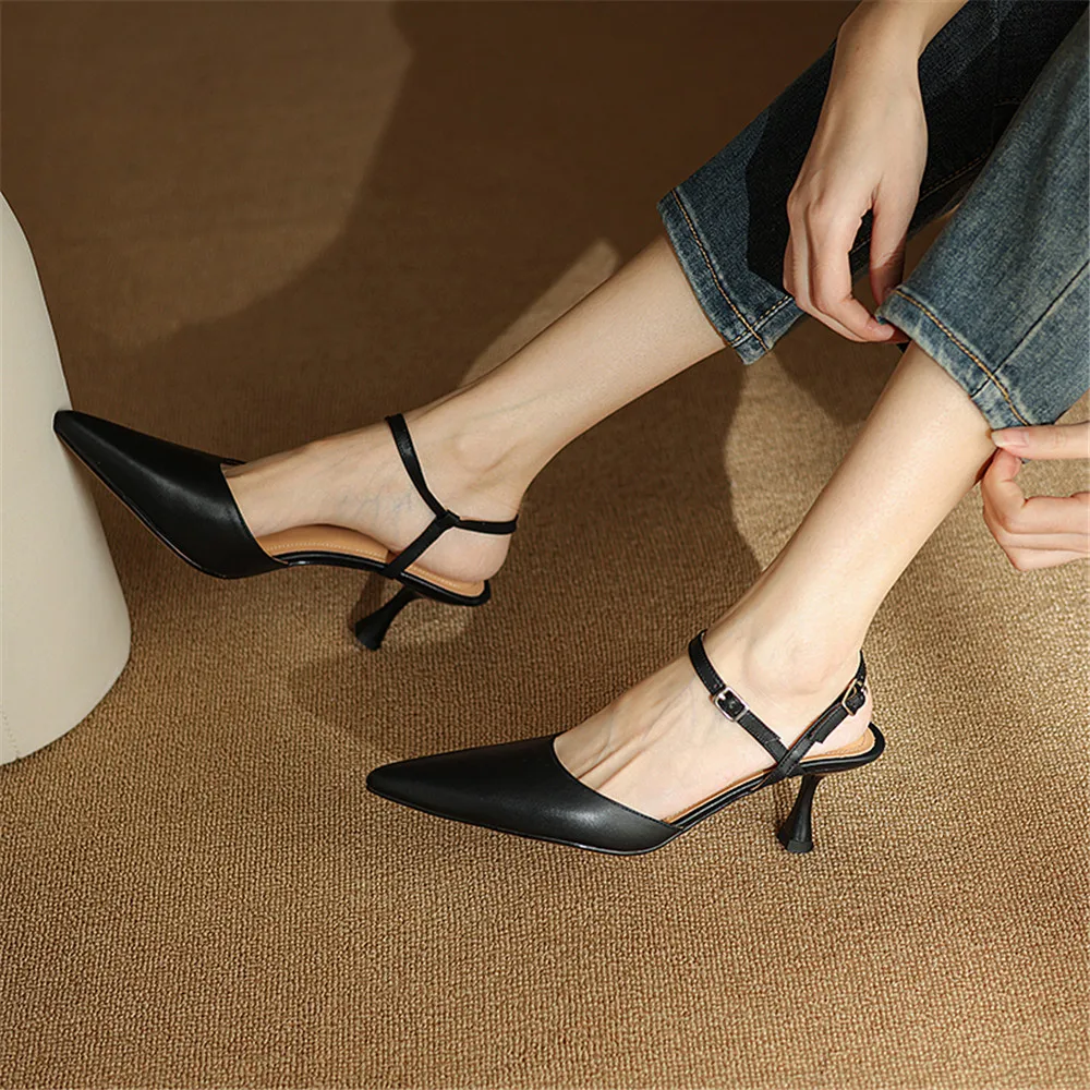 FEDONAS Women Genuine Leather Sandals Sexy Pointed Toe Ankle Strap Party Shoes Closed Toe Summer Prom Wedding Shoes Woman Pumps