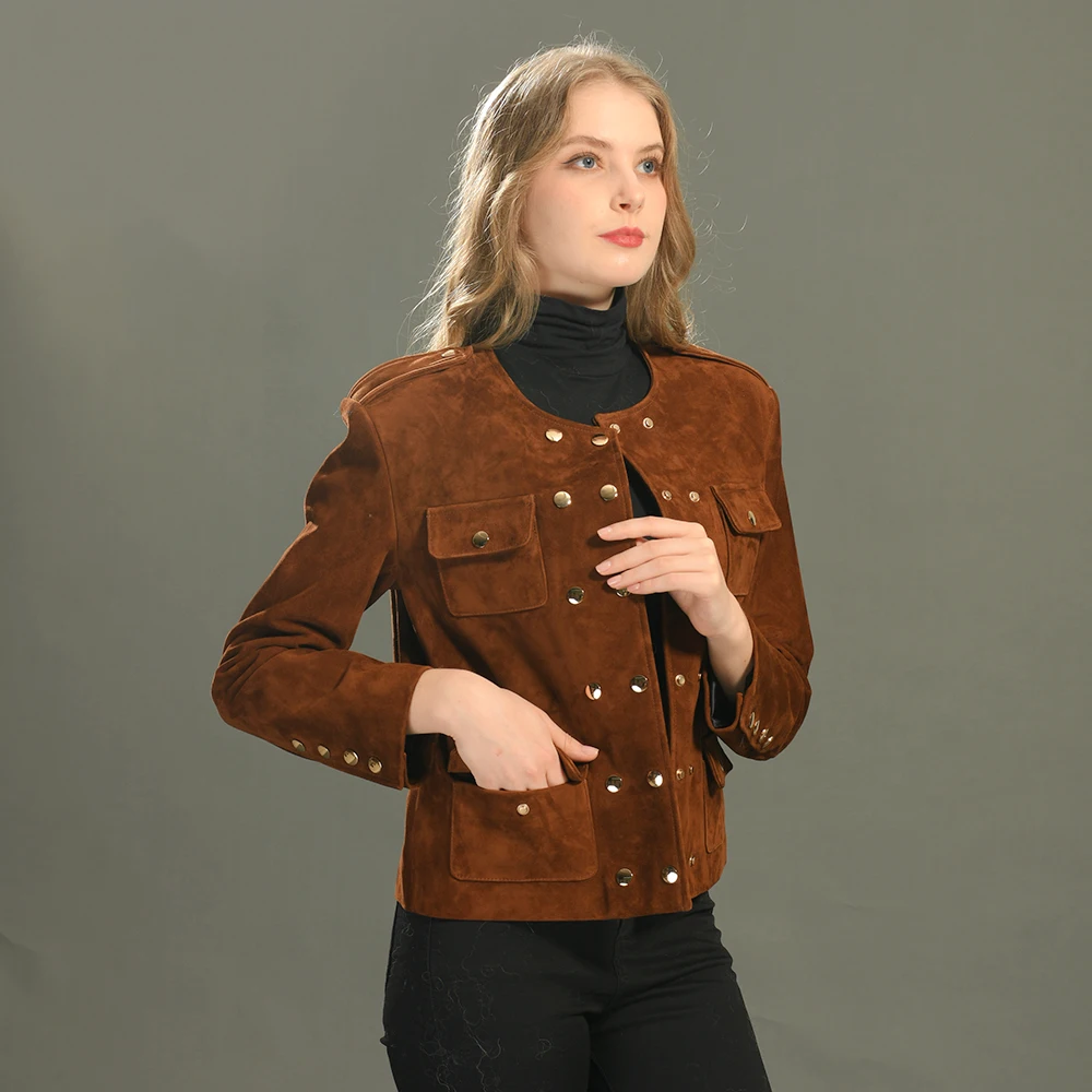 معطف شتوي نسائي من Luxyonuo سترة جلدية من جلد الغزال الحقيقي مزدوجة الصدر معطف مقصوص من الجلد الطبيعي وصل حديثًا 2025