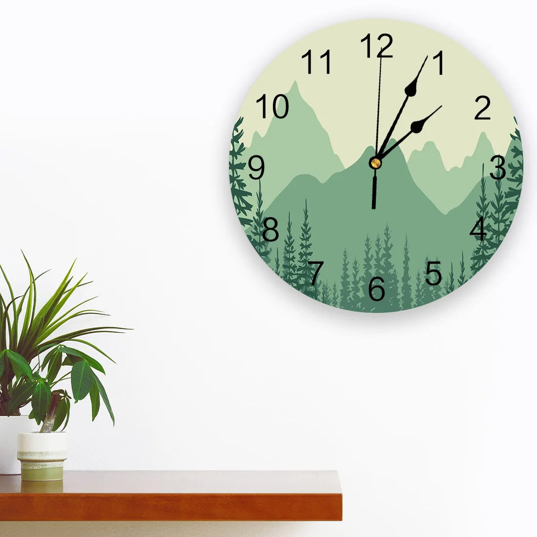 Green Forest Trees Illustration Wall Clock Modern Design Living Room Decoration Clock Mute Wall Watch Home Interior Decor