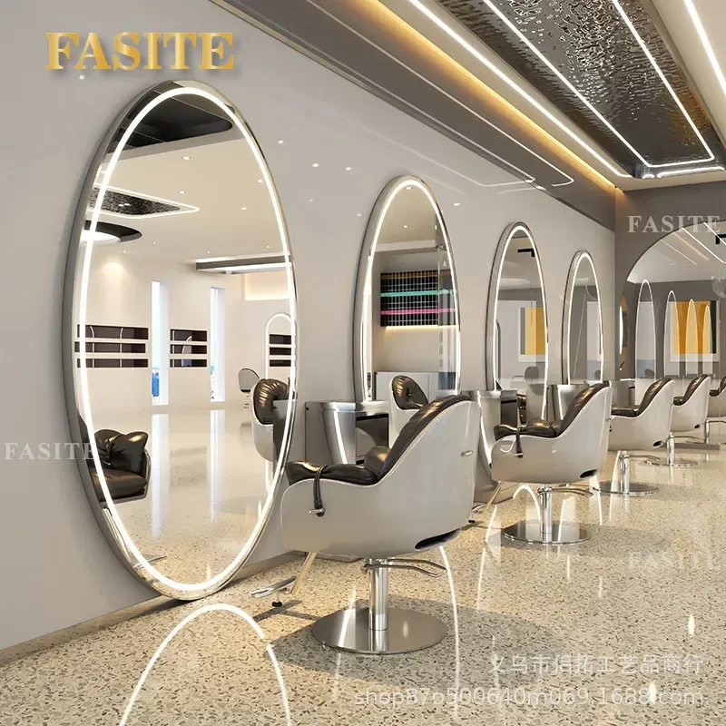For Barber Shop Hair Floor to Wall Mirror Table with Lamp Single Sided Hair Cutting Mirror Professional Styling Station