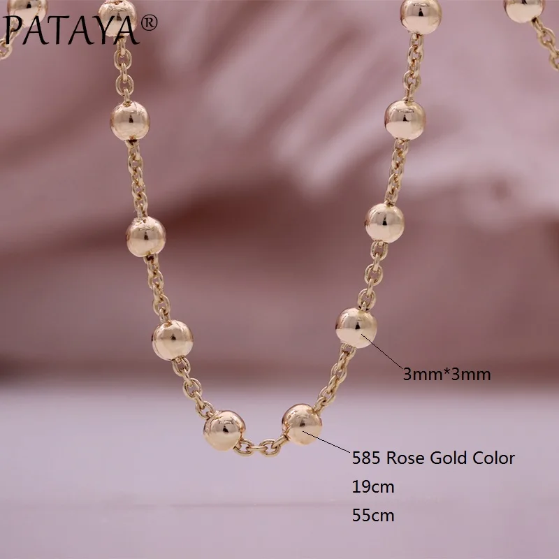 PATAYA 3mm Wide Round Beaded Bracelets 19cm Necklace 55cm 585 Rose Gold Color Ball Bead Link Chains Fashion Jewelry Gift for Wom