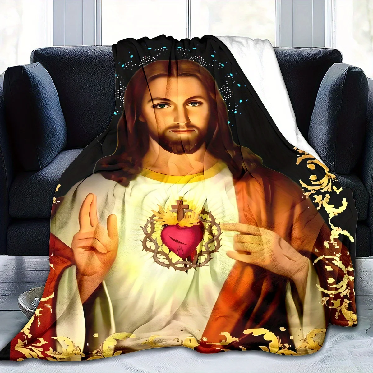Matte Black Backdrop Jesus With Sacred Heart Wrapped In Golden Baroque Frame Religious Full Print Fluffy Blanket Couch Gift