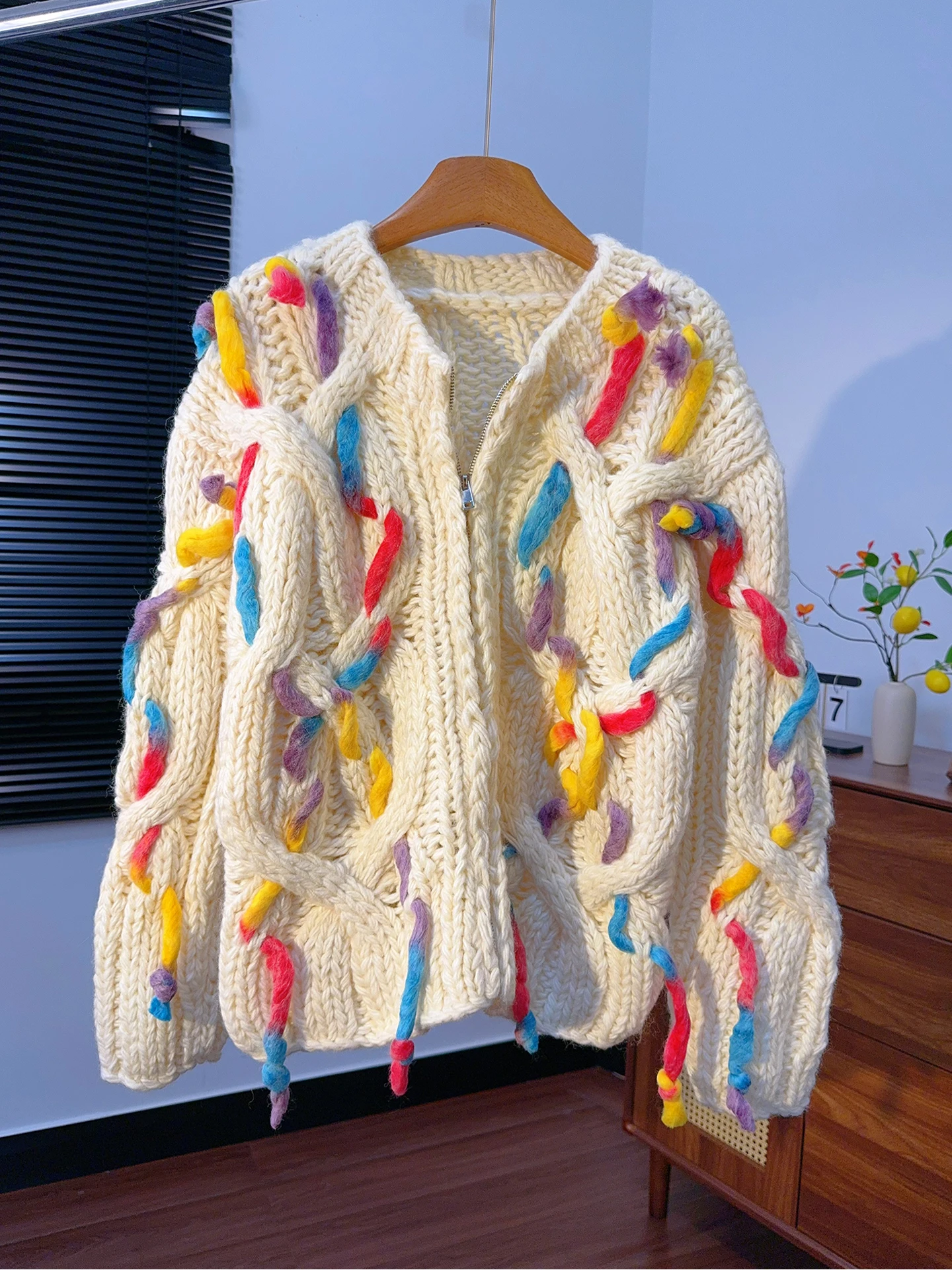 

Handmade Colorful Tassel Knitted Thick Rod Needle Zipper Sweater Coat, Women's Autumn Winter Loose Knitted Cardigan