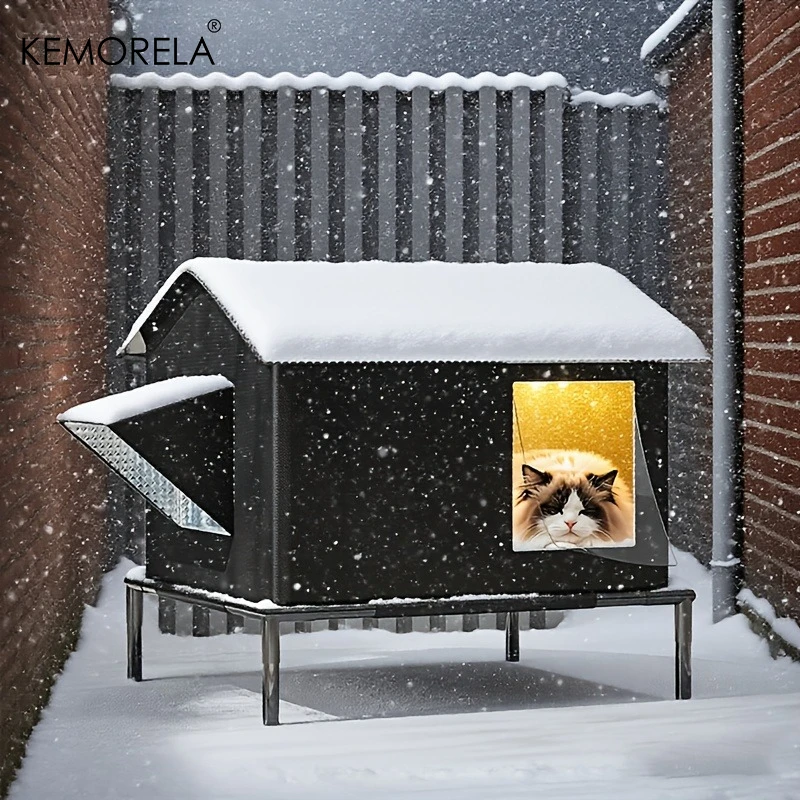 Winter Outdoor Pet House - Heavy-Duty Oxford Cloth Shelter with Safety Fence, Windproof & Rainproof, Spacious Interior for Cats