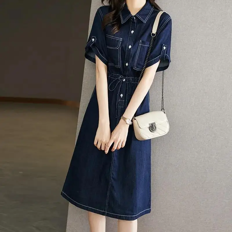 Female Clothing Korean Denim Dresses A-Line Waist Summer New Fashion Drawstring Basic Turn-down Collar Button Vintage Midi Dress