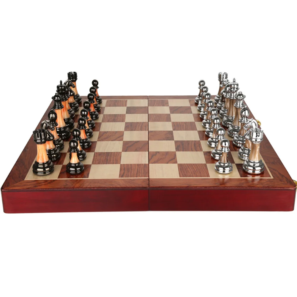 45X45X3cm Luxury Metal Retro European Decoration Sets Wooden Chess Figures Family Classic Solid Folding Checkerboard Professiona