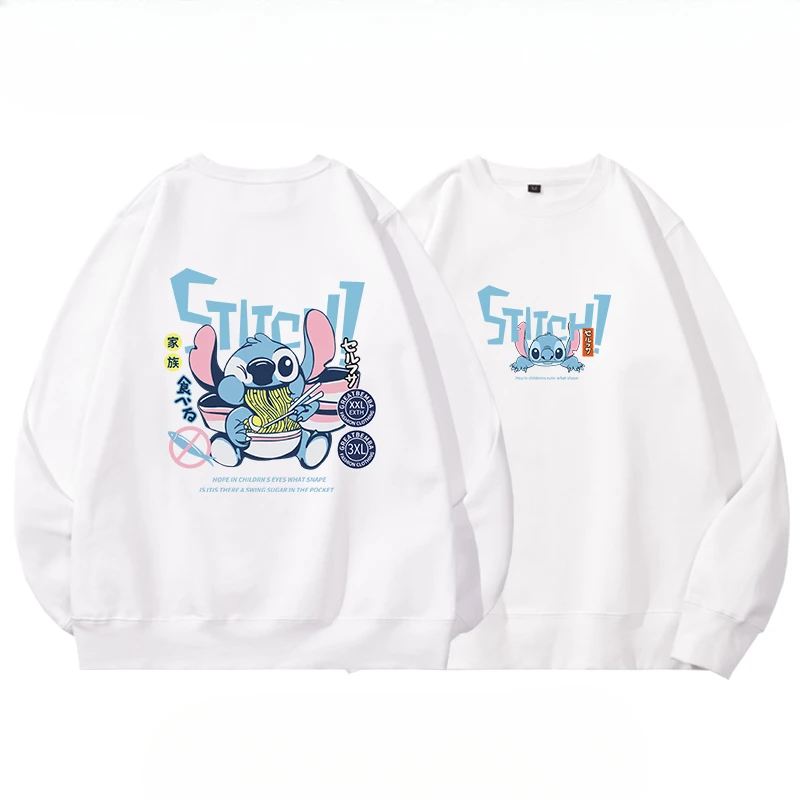 Disney Stitch Eat Noodle Cartoon Anime Round Neck Sweatshirt Casual Pullover Couple's Costume Harajuku Kawaii Clothes