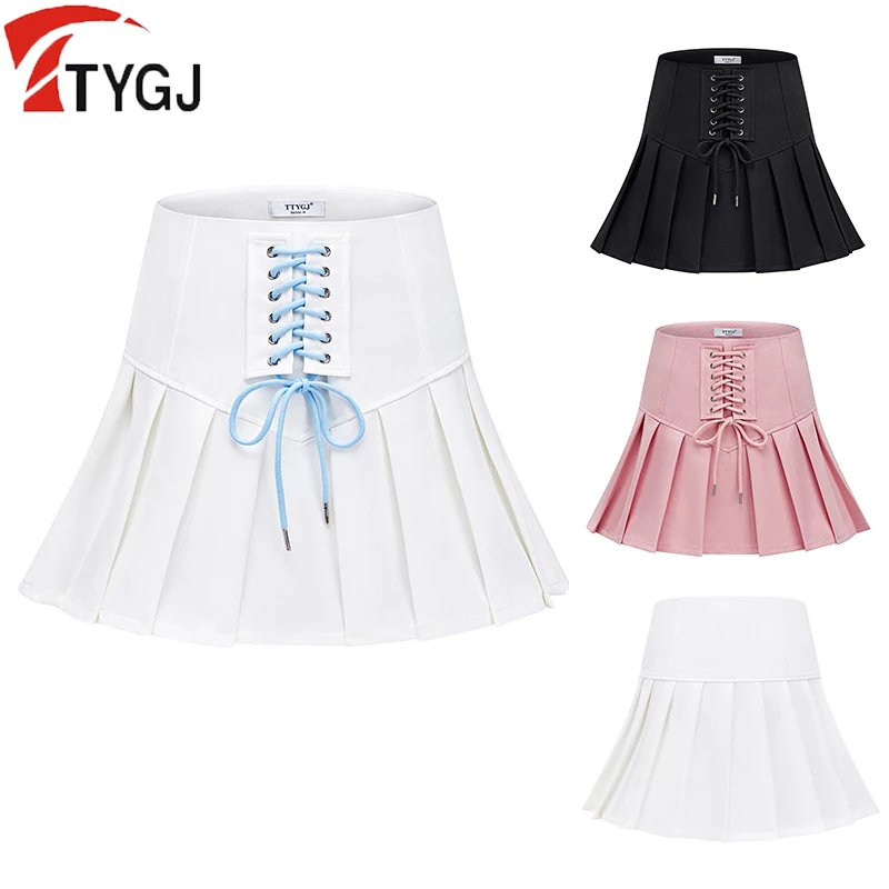 TTYGJ Women's High-waisted Pleated Golf Skirts Lace Up Tennis Skirts Ladies A-lined Yoga Workout Skorts with Inner Short