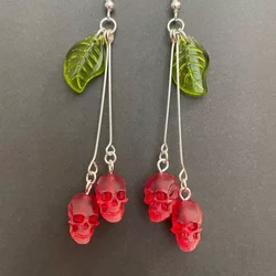 Gothic Skull Cherry Earrings For Women Fashion Pagan Witch Jewelry Accessories Gift Red Vampire Skull Green Leaf Ear Hooks Trend