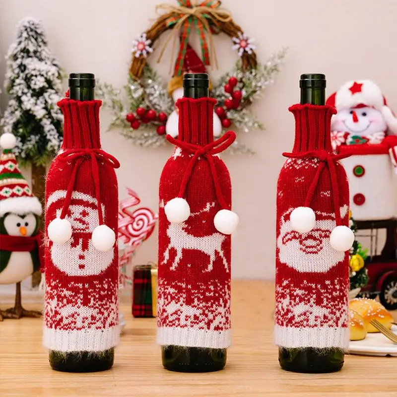 Santa Wine Bottle Cover Knitted Sweater Wine Bottle Wrapper Santa Claus Snowman Elk Wrap Cover Sleeve Holiday Decorations