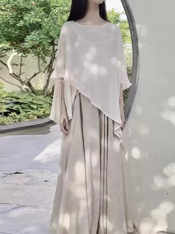 Novo chinês zen sle tom frio camiseta conjunto feminino verão nacional sle ort sve algodão linho saia assimétrica