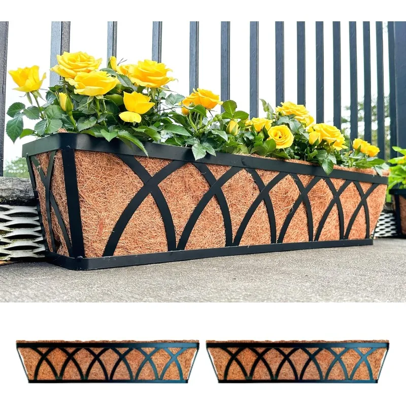 

Window Planter Box - 2 Pack, 24 Inch Outdoor Wall Mounted and Deck Railing Planter with Coco Liner, Window Flower Basket,