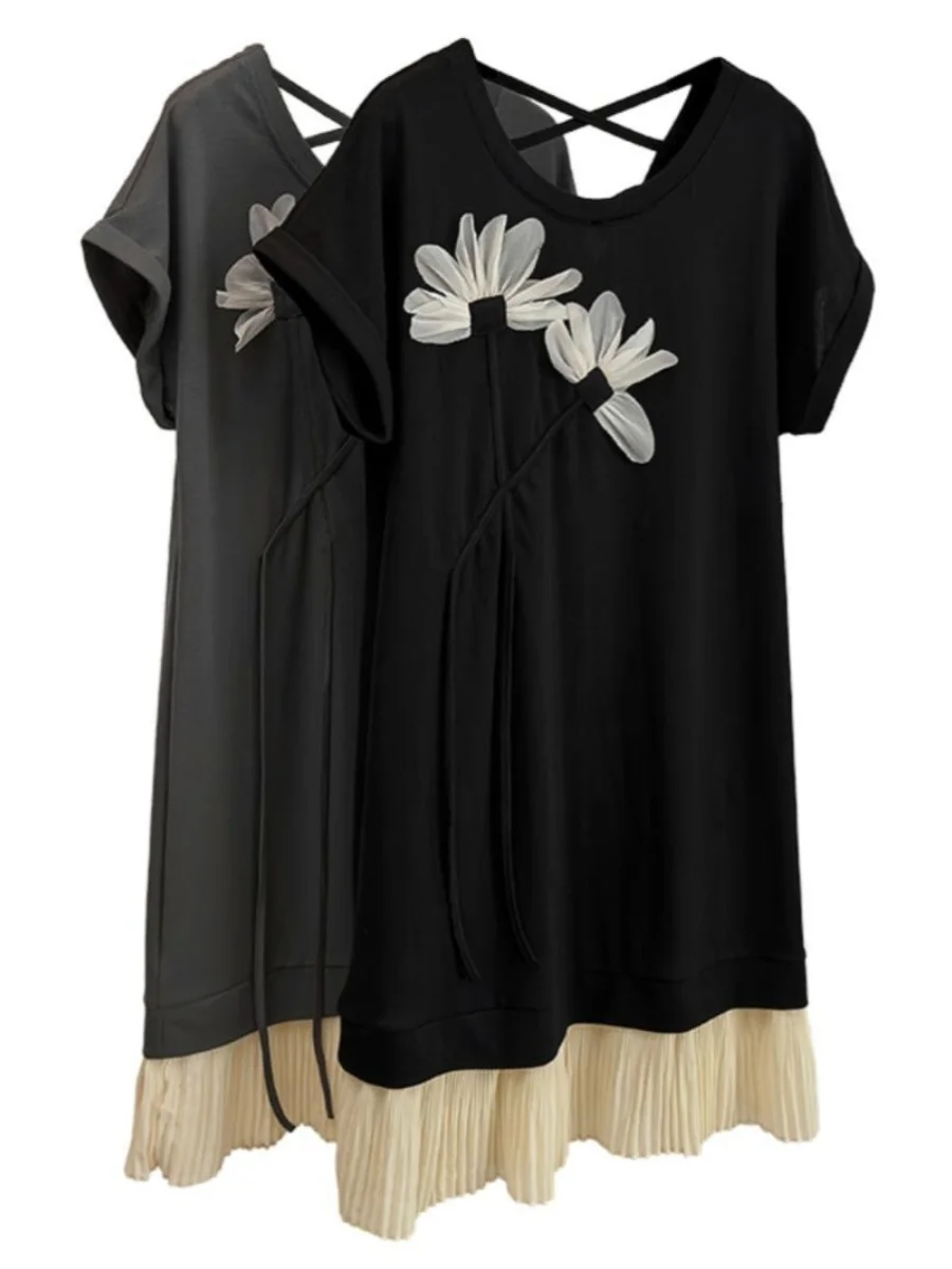 Vestido holgado de estilo francés para mujer, camisetas de manga corta con espalda descubierta y retazos, vestidos informales con cuello redondo y estampado de flores