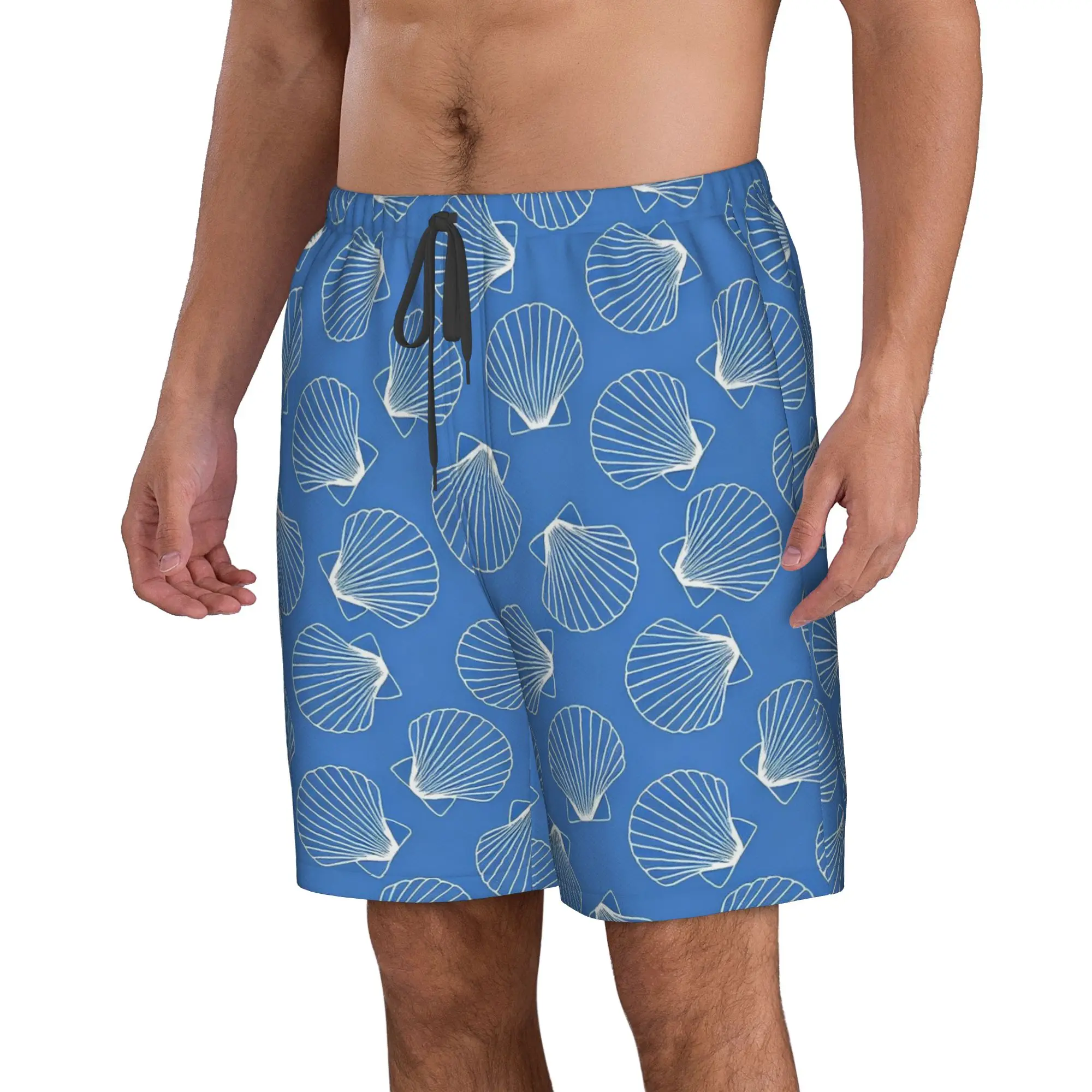 White Sea Shell In Blue Background Pattern Trunks Beach Board Shorts Casual Quick Dry Swimming Summer Men Pants