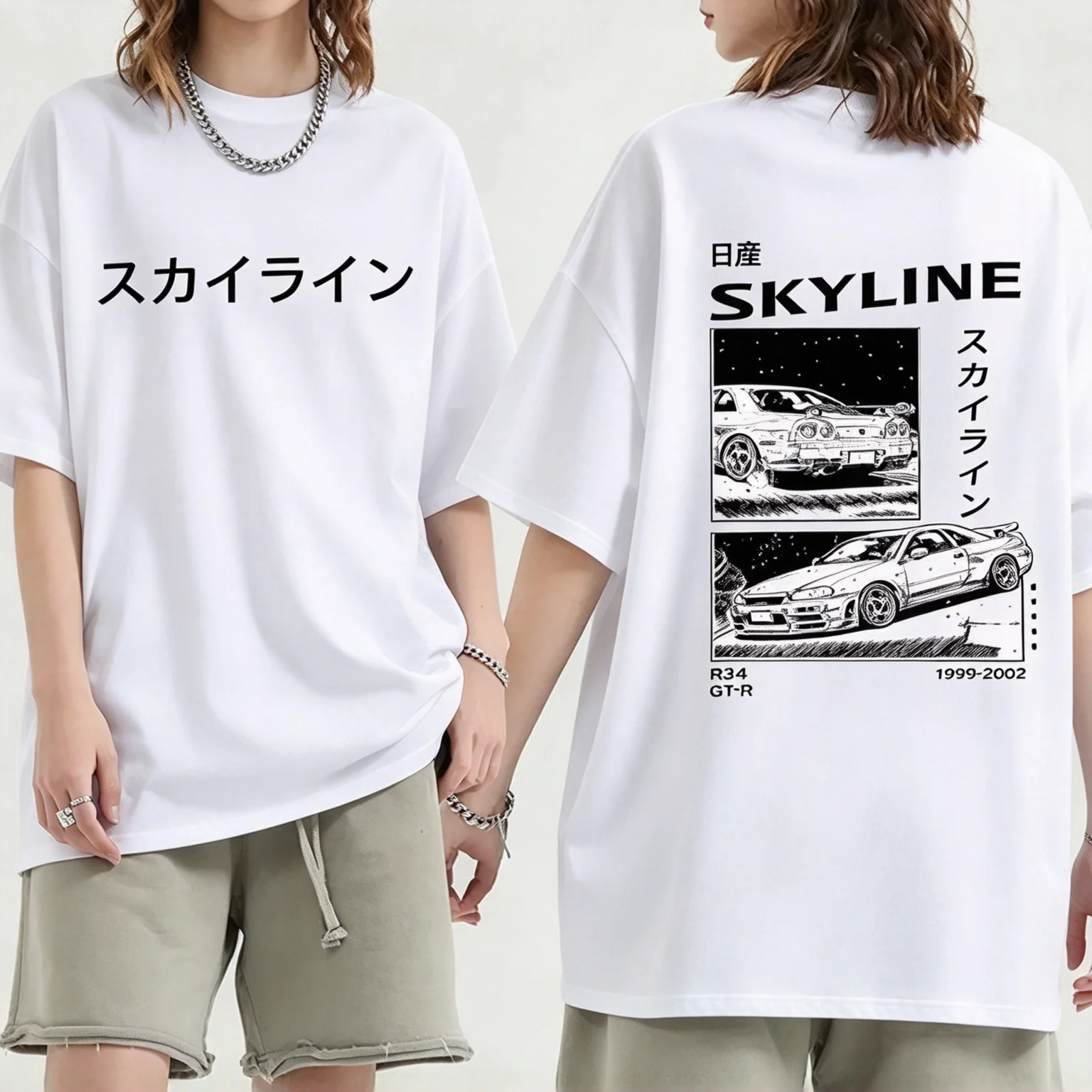 2026 New GTR Family Matching Oversized Unisex T Shirt JDM Vintage Sport Car Double Sided Print Streetwear Cotton Top