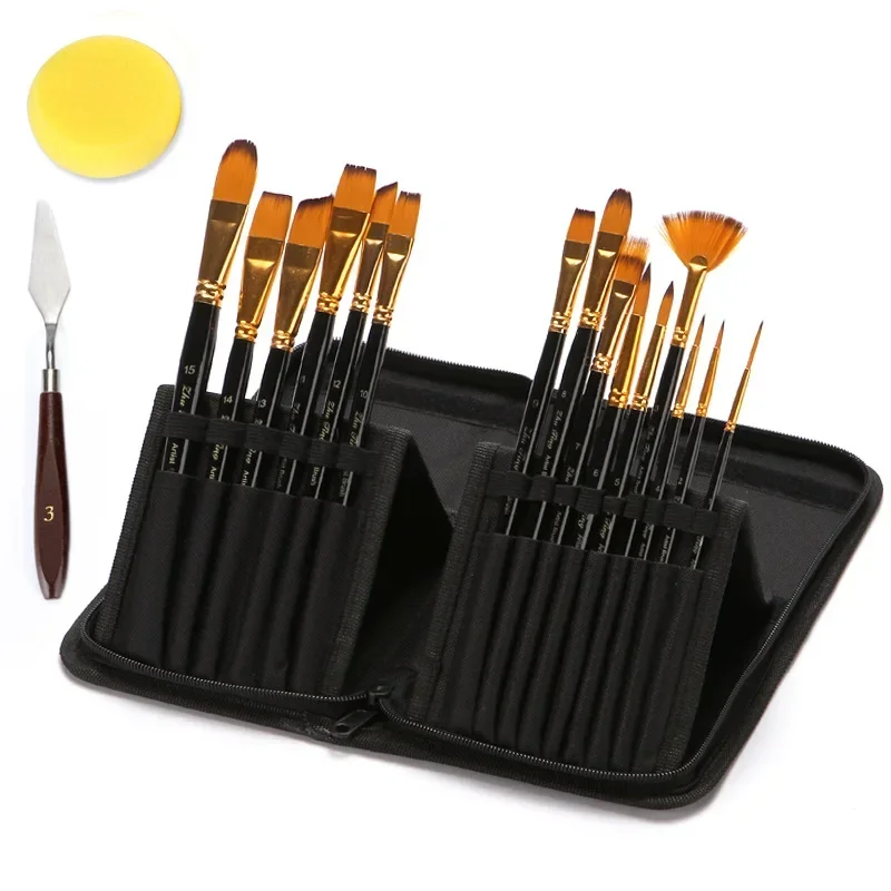 Oil Painting Watercolor Brushes Set with Cloth Bag Wooden Handle Nylon Hair Acrylic Paint Brush Art Supply