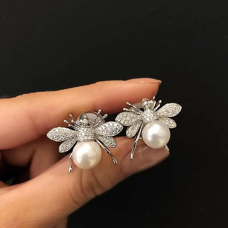 Huitan Fashion Simulated Pearl Bee Stud Earrings with Crystal Cubic Zirconia Cute Animal Earrings Daily Wear Women Jewelry