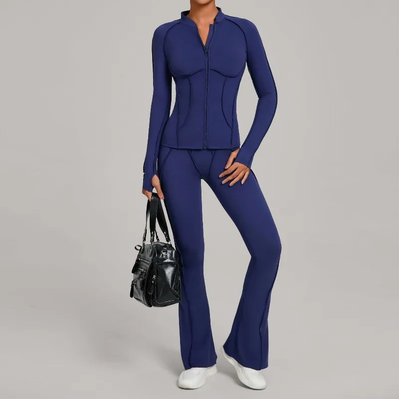 

Women Autumn Winter Yoga Set Brushed Zipper Long Sleeve Coat High Waist Sweatpants Running Fitness Sportswear Two Piece Set