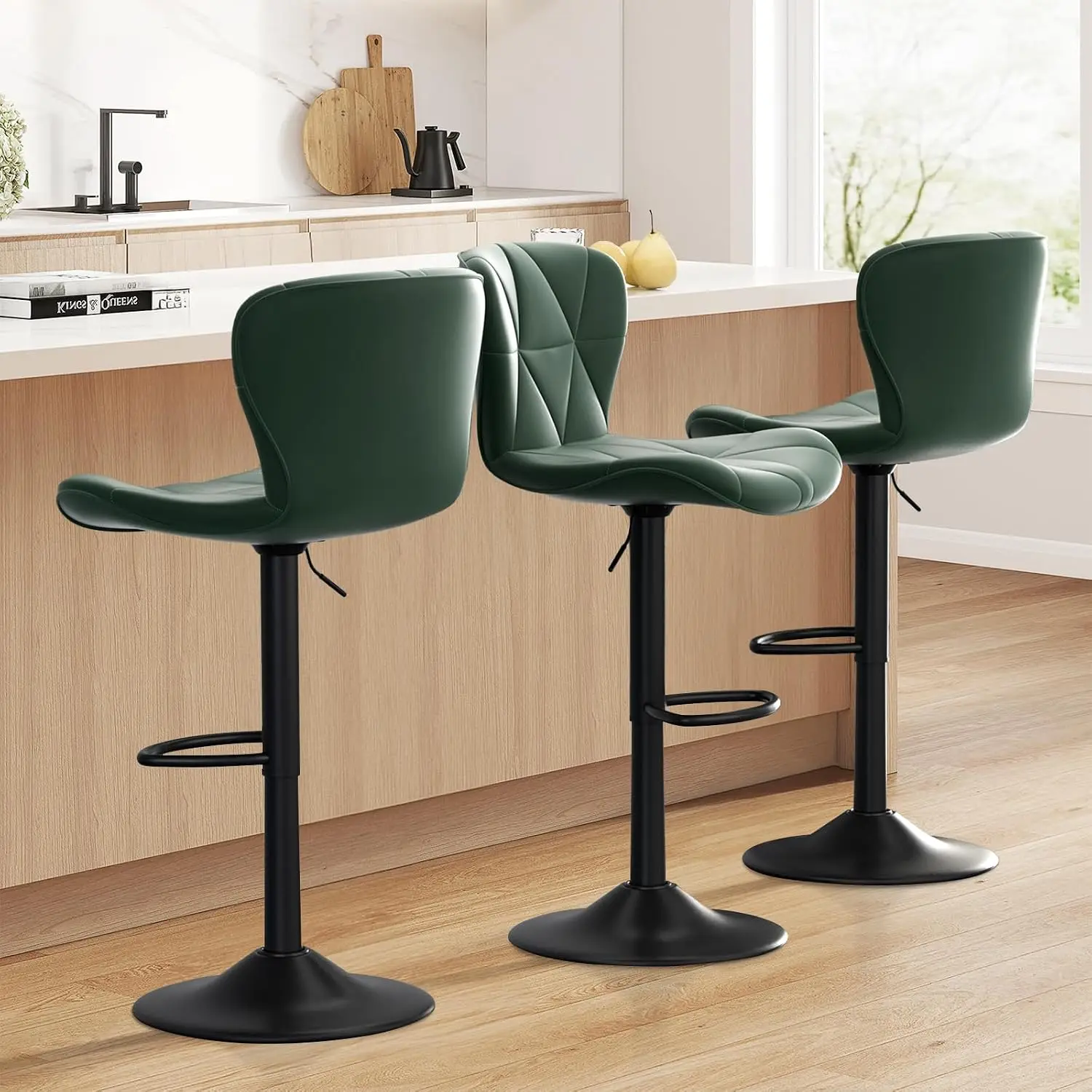 Bar Stools Set of 3,Adjustable Swivel Barstools, Faux Leather Bar Chairs,Upholstered Counter Height with High Backrest