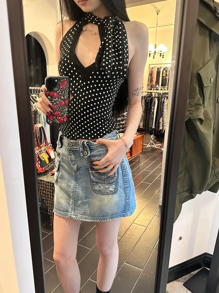 American Retro Black Polka Dot Halter Sleeveless Tops Women Casual Sexy Spice Girl Slim Strap Vest Summer Y2k Vintage Clothing