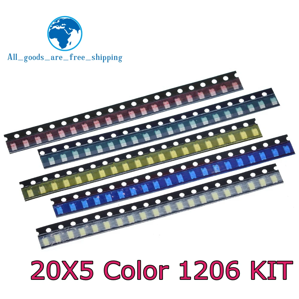 

100 шт. = 5 цветов x 20 шт. 1206 SMD светодиодный светильник посылка TZT красный белый зеленый синий желтый 1206 светодиодный комплект